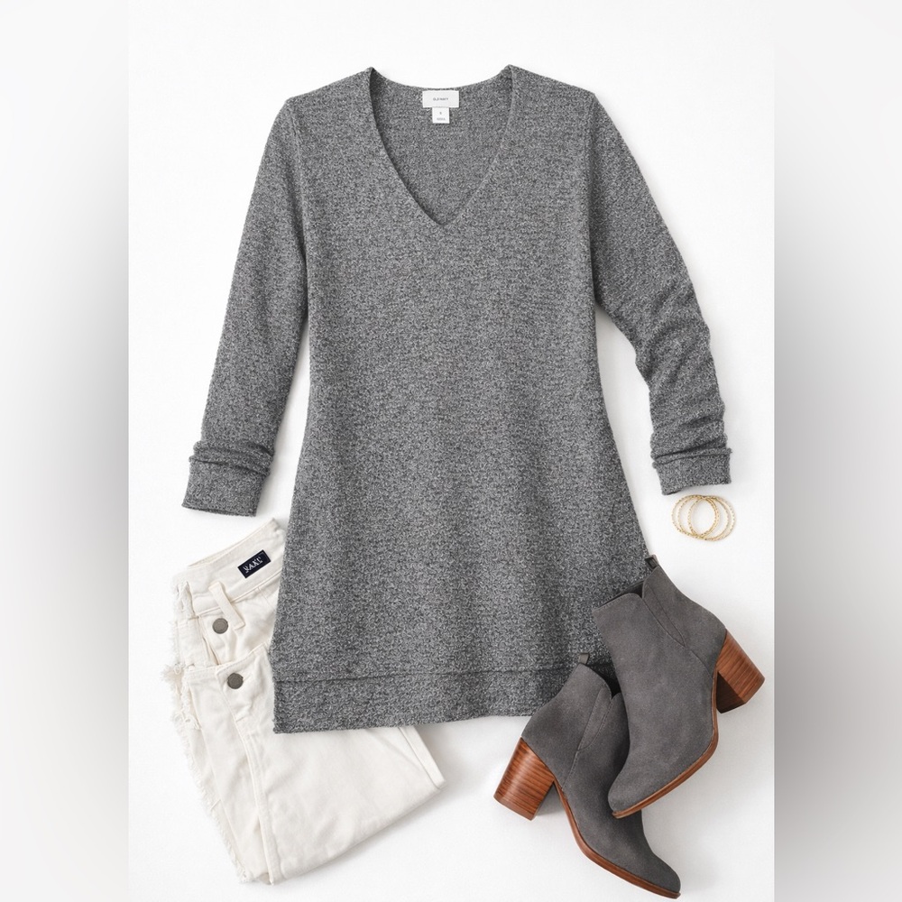 Old Navy Gray Heather V-Neck Tunic Sweater Side Slit High Low Hem Size Small